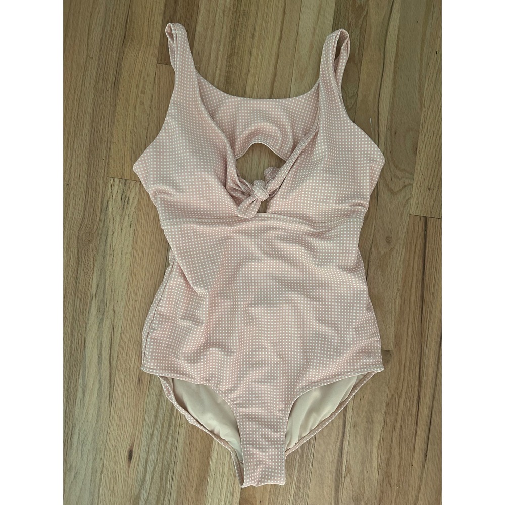 Albion Fit Peach Gingham Tie Front One Piece Swimsuit XL Pink White Check Retro